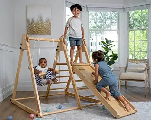 4-in-1 Juniper Indoor Play Gym - Jungle Gym Playset with Baby Swing, Slide, Ladder, and Clim Wall - Foldable Wooden