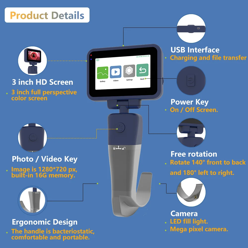 Anesthesia Video Laryngoscope with D-Blade Reportable Video Laryngoscope for Intubation 3.2 inch Display Video Endoscope