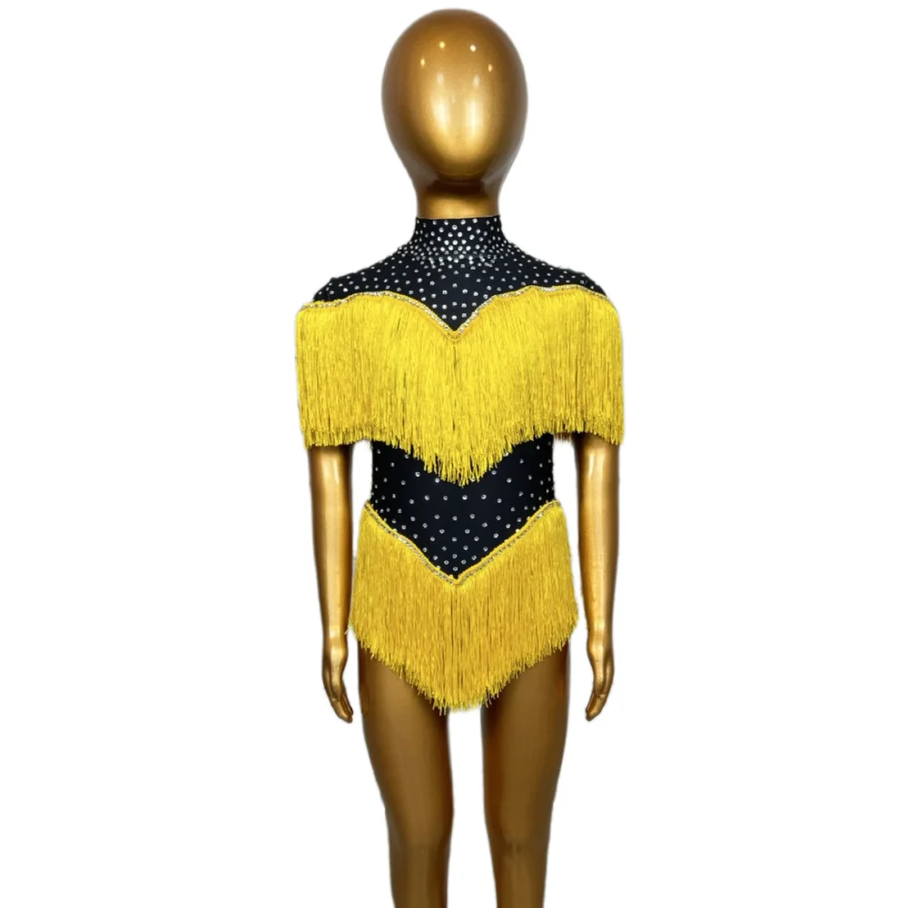 

Tassel Rhinestone Stage Performance Bodysuit Children Festival Outfit Cheerleaders Dancer Leotard Child One Piece Short Jumpsuit