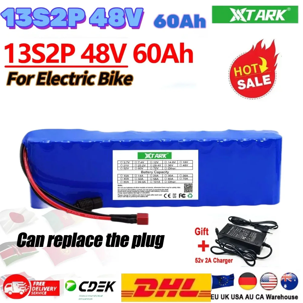 

High Capacity 18650 13S2P 48v 60Ah Li-ion Battery for Bafang Electric Bike Retrofit Kit 1000w 54.6V 2A Charger + XT60 / DC Plug