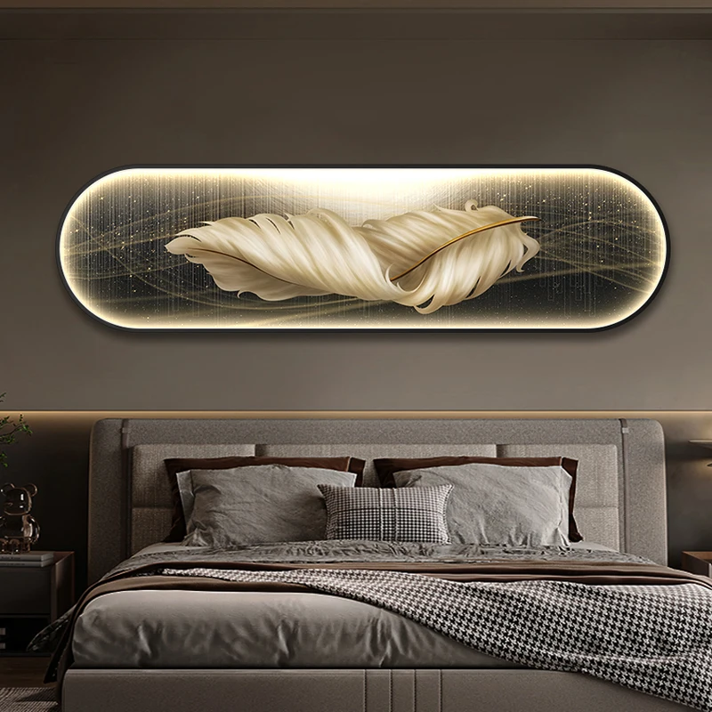 Remote LED Dimming Indoor Painted Mural Lamp Bedroom Bedside Wall Decoration Panging Painting Art Feather Creative Wall Lamp