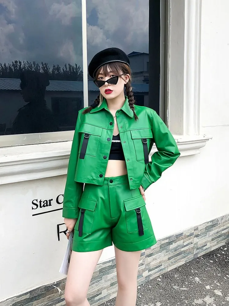 Women Sheepskin Genuine Leather Jacket Shorts Matching Set Outfit Spring Fashion High Street Safari Style Two Piece Sets Female