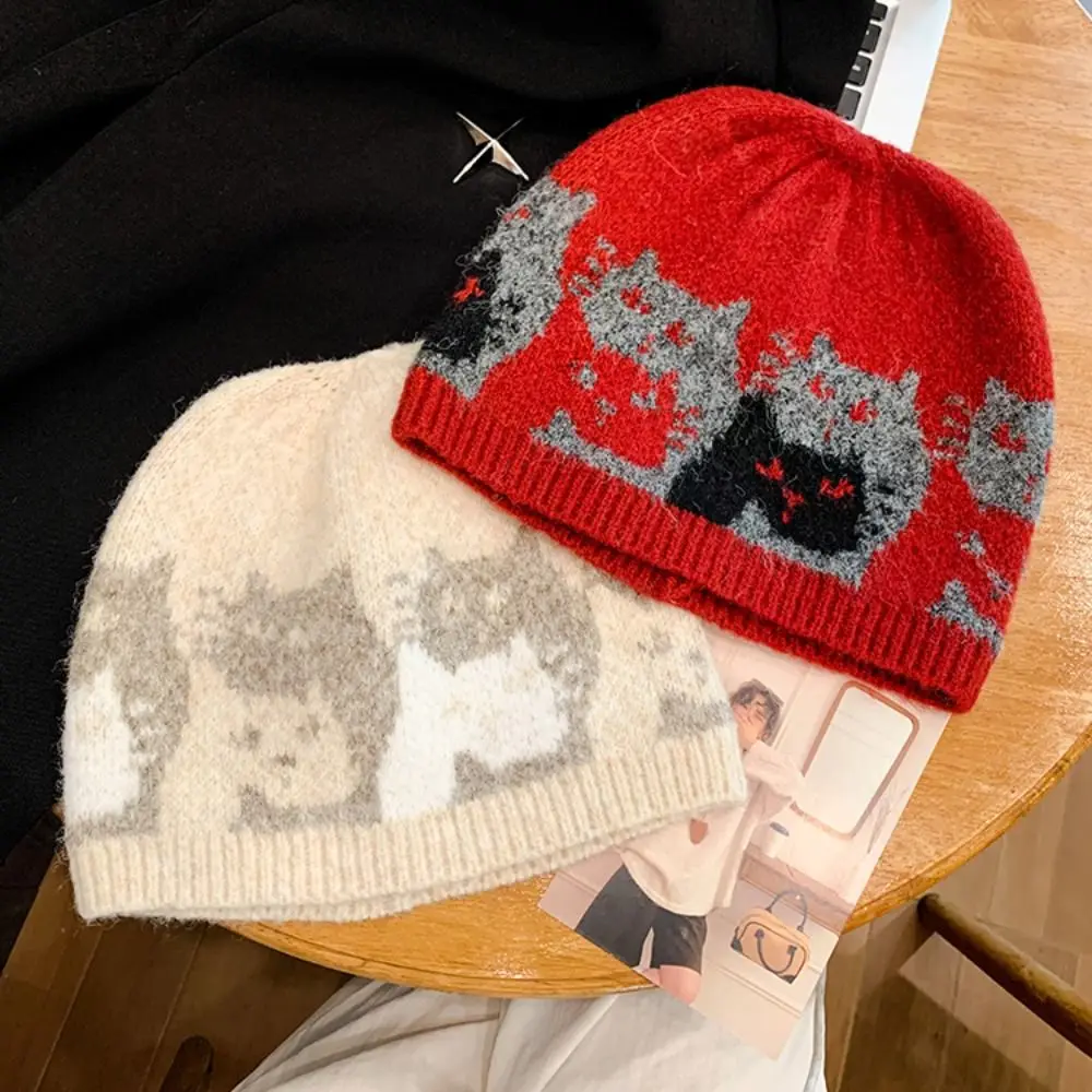 عارضة الدافئة الجاكار القط محبوك قبعة مطبوعة الصوف الجاكار نمط بيني لطيف الكورية الطباعة متماسكة قبعة الفتيات