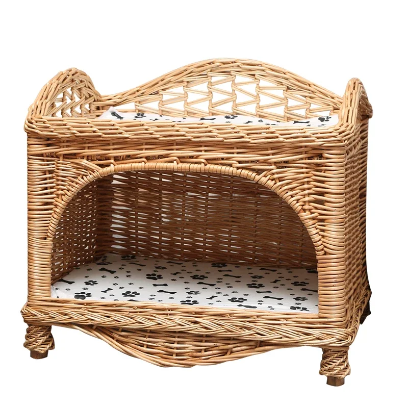 High end cat house villa, rattan weave double layer cat house, summer small dog pet house, detachable and washable