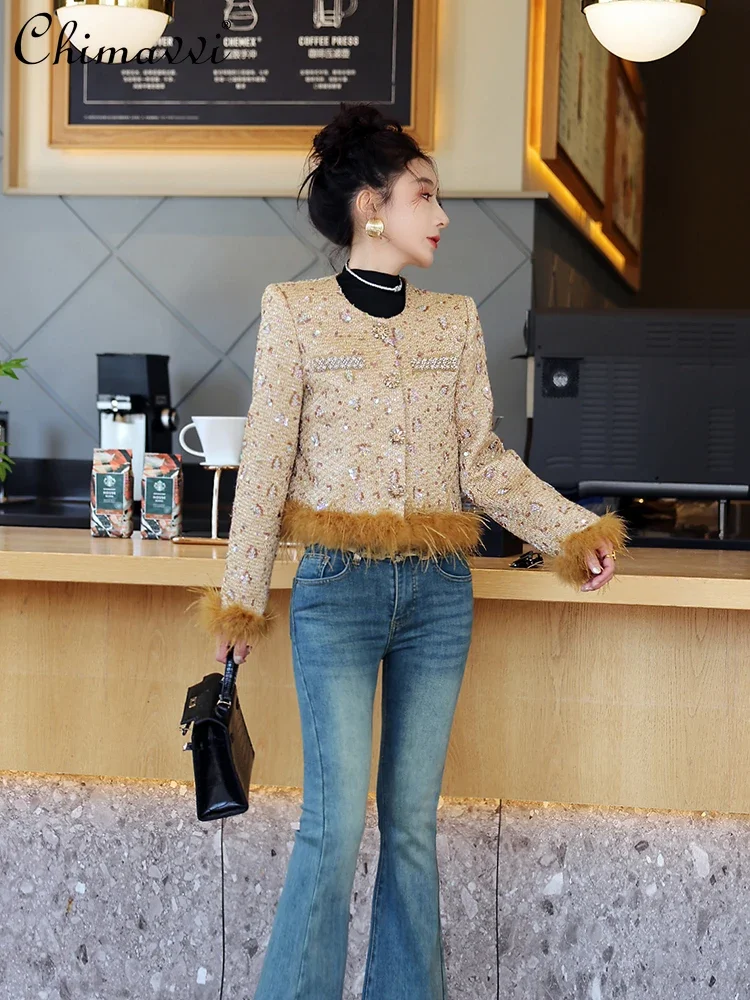 Heavy Diamond Beaded Sequined Tweed Jacket Autumn and Winter New Fashion Single-breasted Hairy Splicing Elegant Short Coat Women