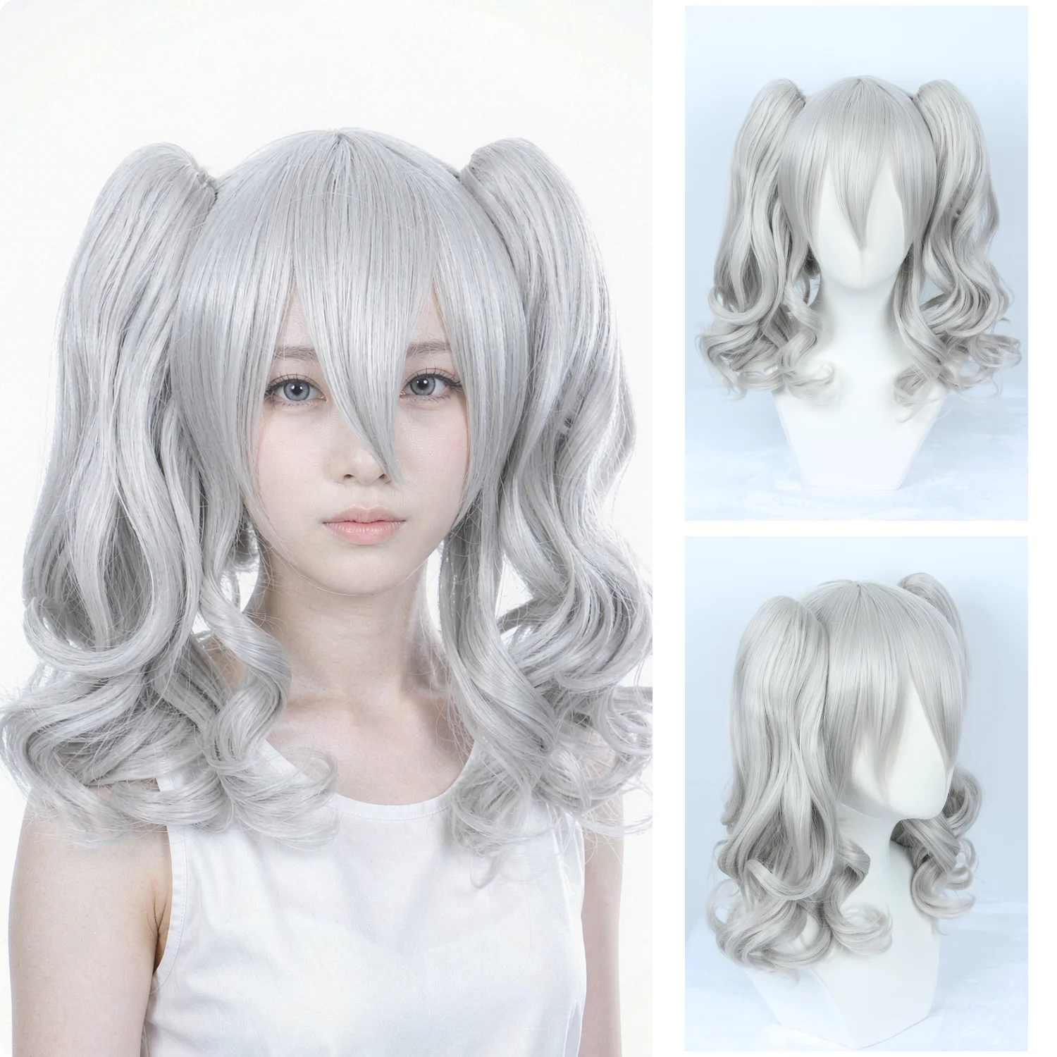 Silver Grey Wavy Wig with Removable Ponytails and Wig Cap for Cosplay