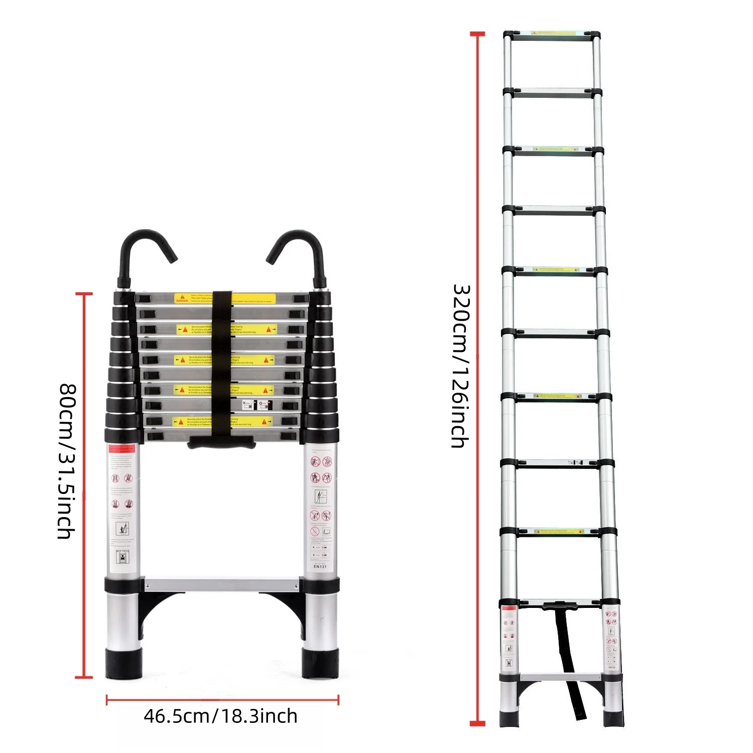 Échelle télescopique pliante polyvalente en alliage d'aluminium, cadre de support triangulaire, crochets, capacité de 300lb, 10,5 pieds