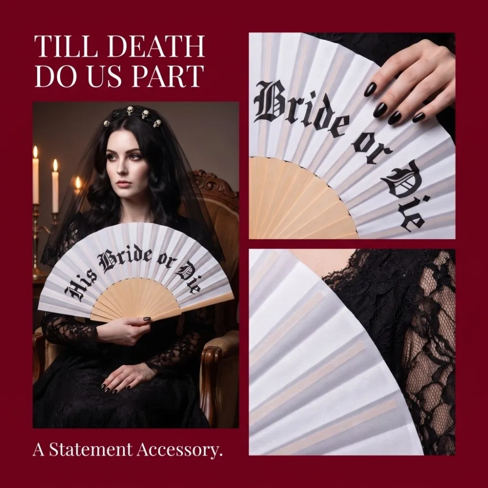 Vintage Gothic His Bride or Die Fan Large Retro Halloween Black White Hand Fan Handmade Folding Fan