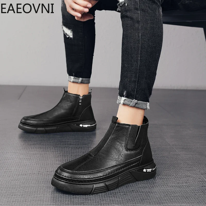 Leather Ankle Boots Man Work Safety Shoes Winter Plus Cotton Casual Mans Shoe British Style Young Fashion Male Boot Main Push