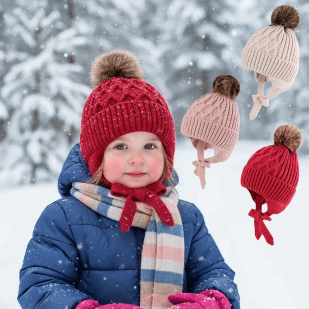 

Windproof Baby Warm Hat Coldproof with Ties Kids Ear Protection Cap Thickened Fleece-lined Toddler Knitted Hat Winter Boys Girls