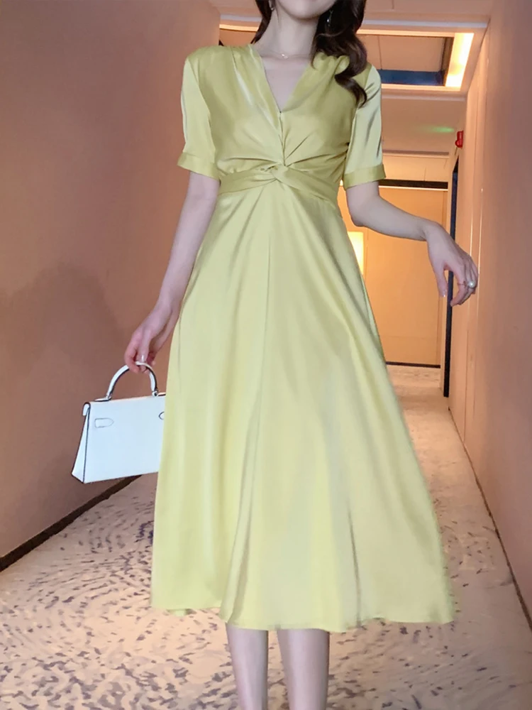 新着ファッションパーティードレス女性エレガントな夏の V ネックヴィンテージパフスリーブ気質 OL シンプルな固体スリム A ラインドレス