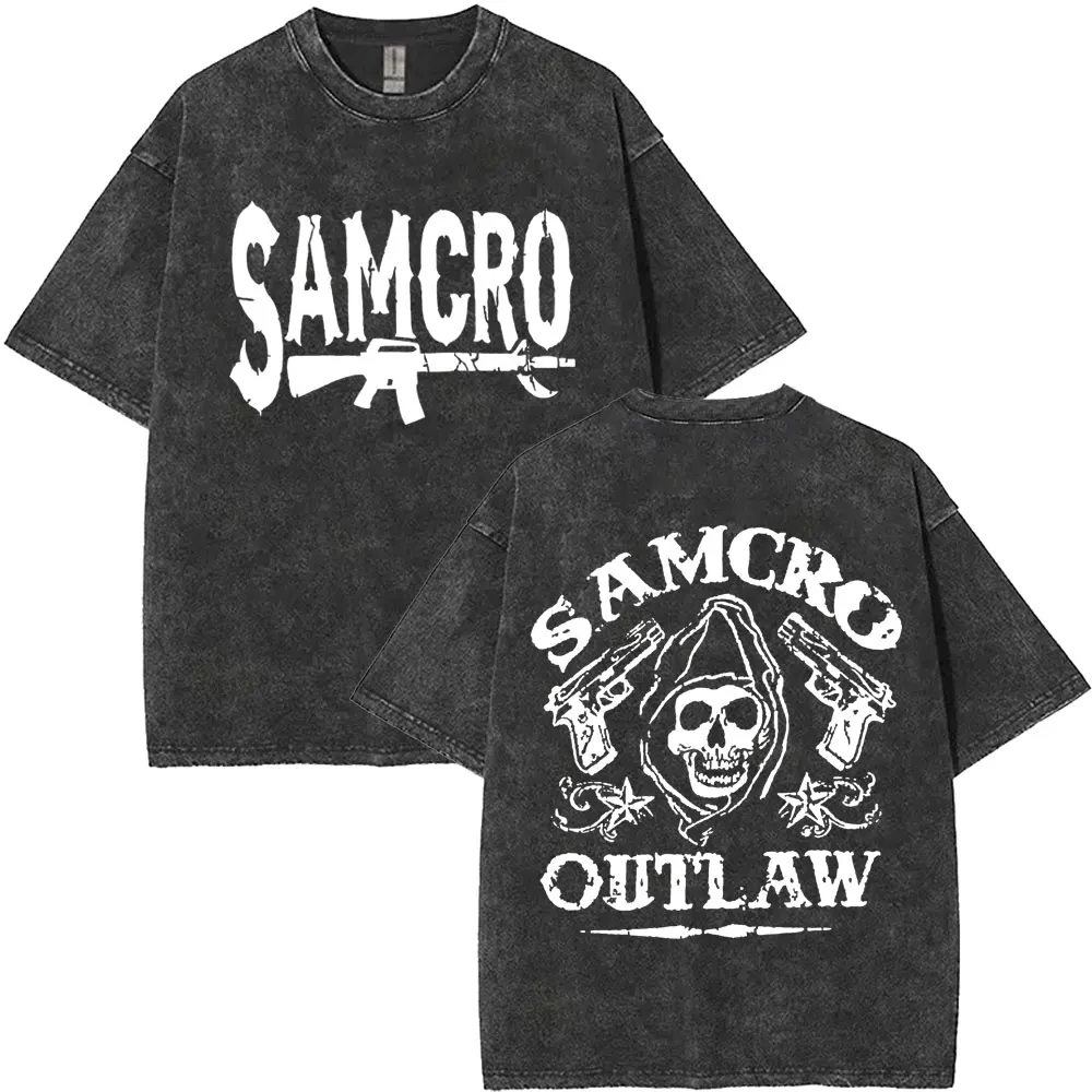 M-2XLLimited Anarchy Son Samcro Vintage Wash T-shirt Men's And Women's Skeleton Hip Hop Rock Casual T-shirt Short Sleeve Top