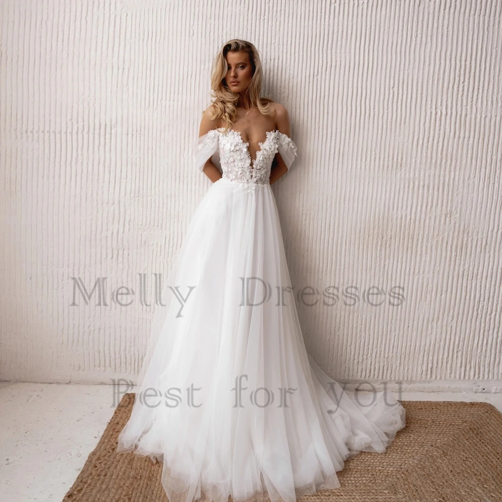 

Charming Strapless Wedding Dresses with Lace 2024 Summer New Off Shoulder Bridal Gowns for Women 2025 Soft Tulle Vestido De