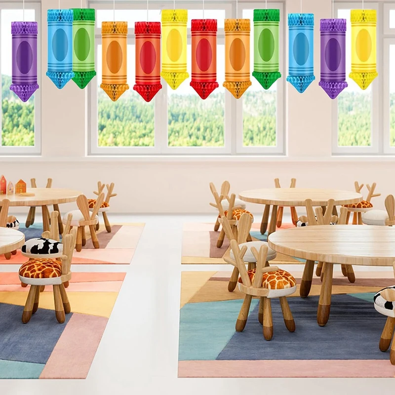 12 Pcs Back to School -Decorations Crayon Classroom Ceiling Decor Paper Lanterns Hanging Honeycomb Rainbow Balloons-SPMI