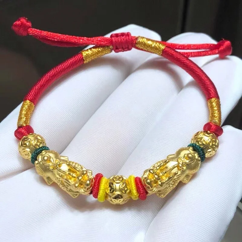 

Pure 999 24K Yellow Gold Double Pixiu Three Money Coin Beads Bracelet 2.1-2.3g