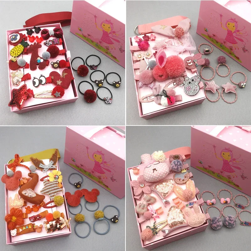 24Pcs/Set Baby Hair Clips Cute Hair Accessories Girl Bow Flower Animal Hairpins Hair Band Cartoon Elastic Headwear Gift Box Set