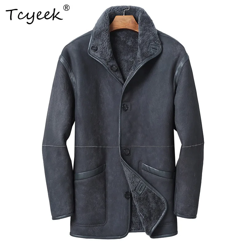 Tcyeek Natural Merino Sheep Fur Coat Men Winter Clothes Warm Lamb Wool Man Coats Real Leather Jacket Trendy Reversible Loose Fit