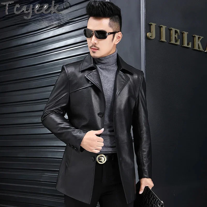 

Real Tcyeek Leather Jacket Men Mid-length Goatskin Trend Coat for Man Autumn Winter Down Jackets Mens Clothing Slim Fit