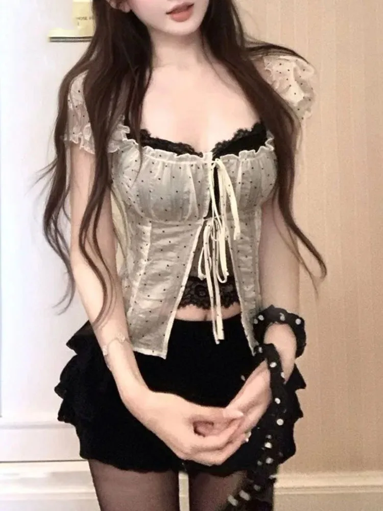 

Sweet Tank Top Sets Women Polka Dot Puff Sleeve Lace Up Short Shirts Sexy Halter Lace Camisole Vest Korean Y2k Clothes