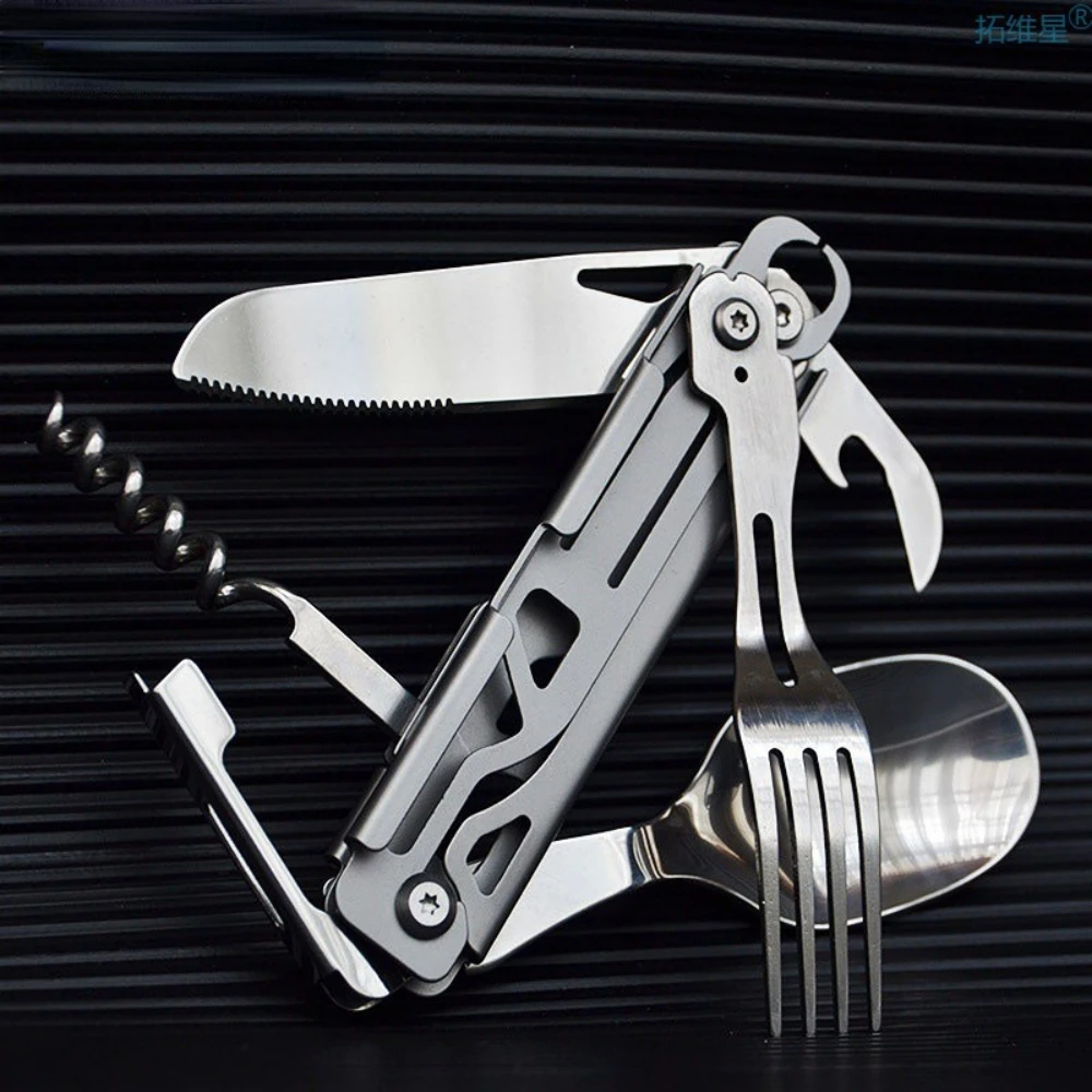 420 Stainless Steel Pocket Knife Multi-tool Portable Fork Spoon Outdoor Survival Camping Folding Knife Detachable Hand Tools