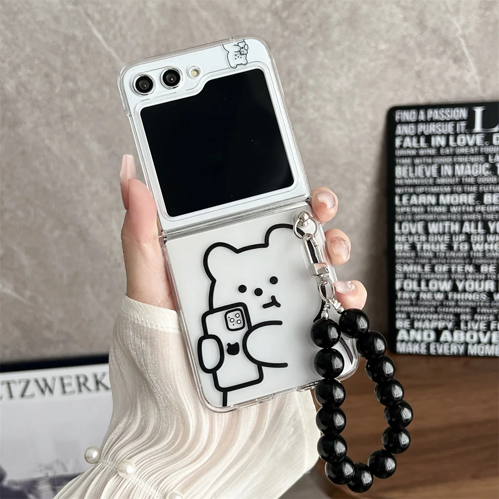 Drinking Milk Tea Cartoon Bear Acrylic Case for Samsung Z Flip3 Flip4 Z Flip5 5g Z Flip 5 4 3 Black Pearl Bracelet Clear Cover