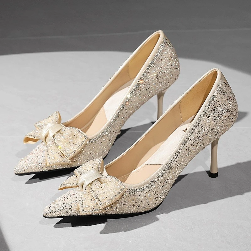 

Роскошные блестящие свадебные туфли со стразами, женские элегантные модные свадебные туфли на высоком каблуке с острым носком и жемчугом-бабочкой