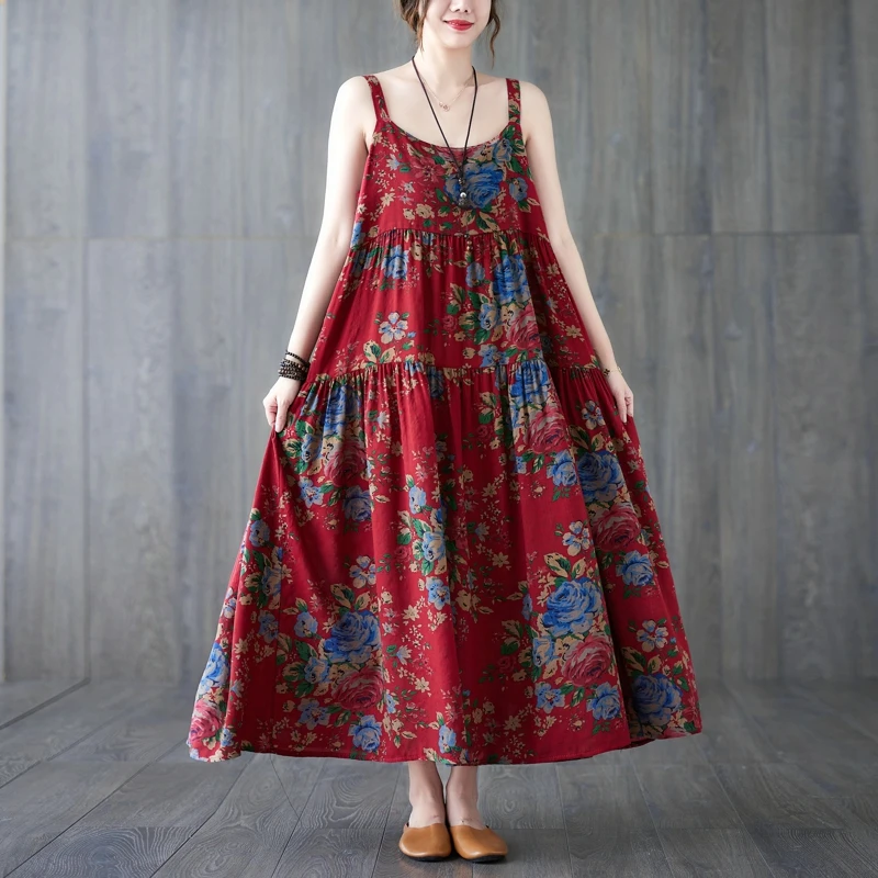 Lâche coton lin longue Dr femmes Midi Vintage Anti-âge imprimé fleuri sangle Dr confortable a-ligne jupe été Dr