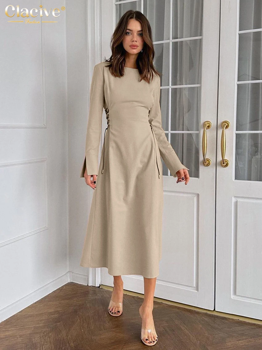 Clacive Fashion Slim Khaki Brązowa sukienka damska 2024 Bodycon O-Neck Sukienki midi z długim rękawem Elegancka klasyczna sukienka damska z bandażem