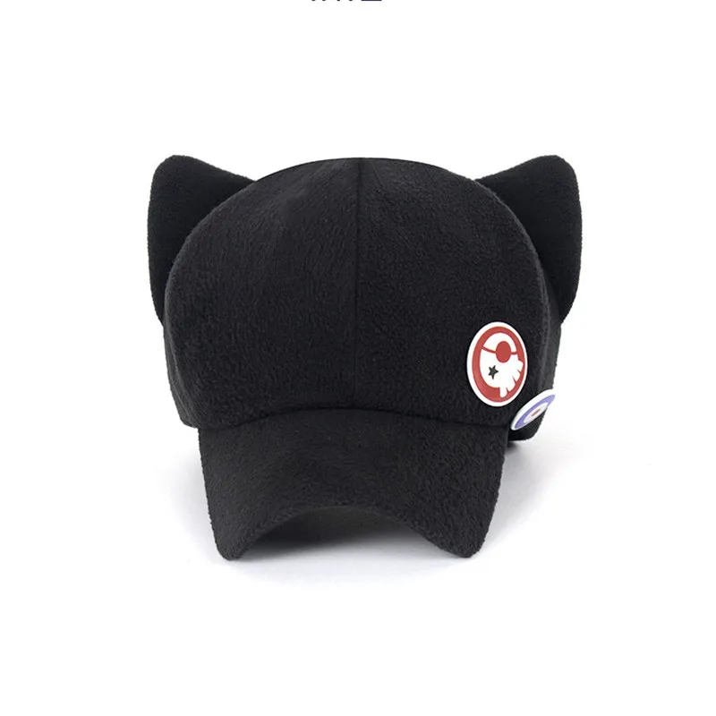 Adult Black Asuka Langley Soryu Badge Caps Cosplay Anime Accessories Cute Cat Ears Cotton Fleece Hat Baseball Hats