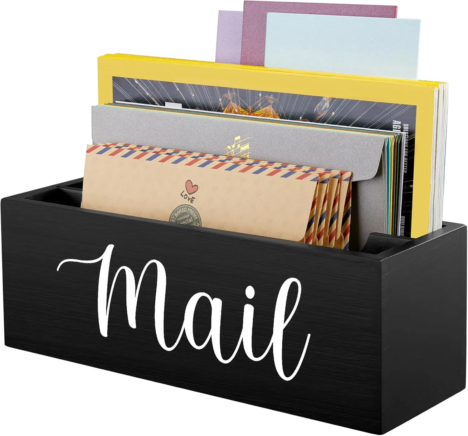 

2-Slot Wood Mail Organizer for Wall or Desk, Farmhouse Envelope Holder, Black
