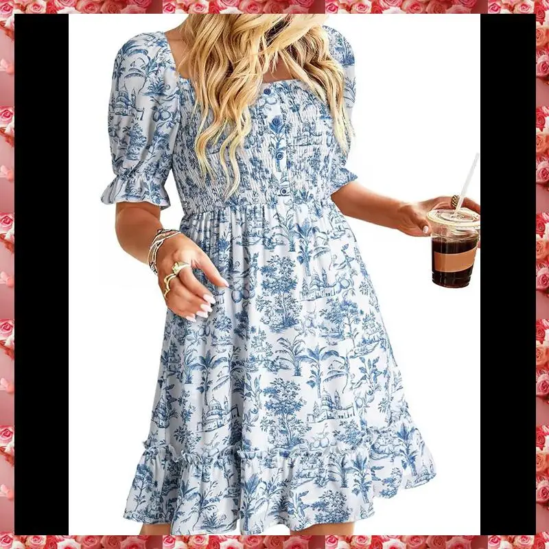 Vestidos casuales de verano para mujer, manga corta, cuello cuadrado, ahumado, vestido veraniego floral bohemio, mini vestido fluido de una línea
