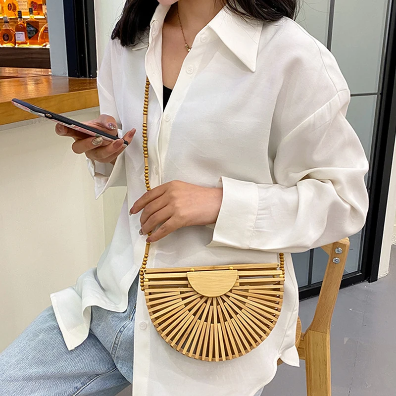 Fashion Design Women Handbag Handmade Bamboo High Quality Half Moon Shoulder Crossbody Bag Summer Beach Woven Straw Phone Purse