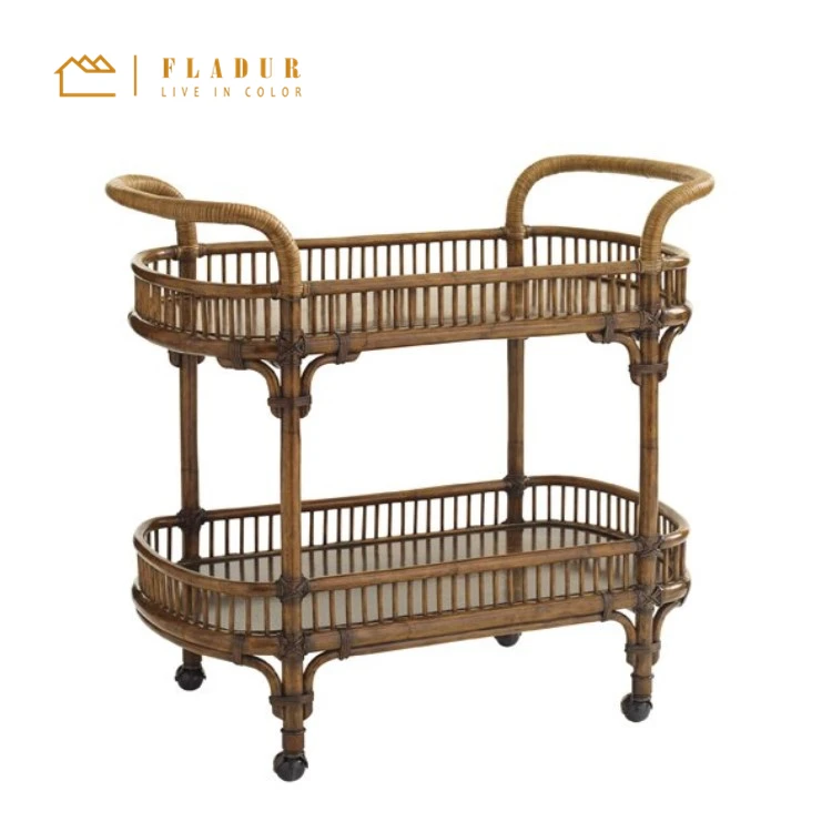 Classic Antique Vintage Rattan Wood Frame Trolley Bar Cart For Hotel Dining Room Restaurant