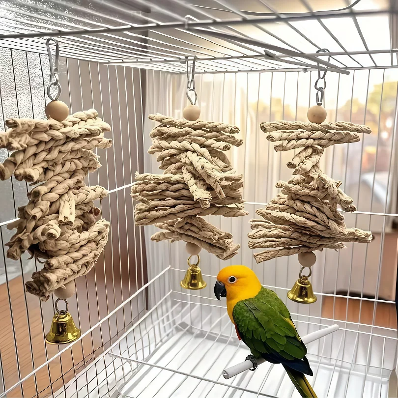 Parrot Chew Toys Natural Corn Husk Braided Teething Bell String Chewing Toys For Pet Birds Entertainment And Anxiety Relief