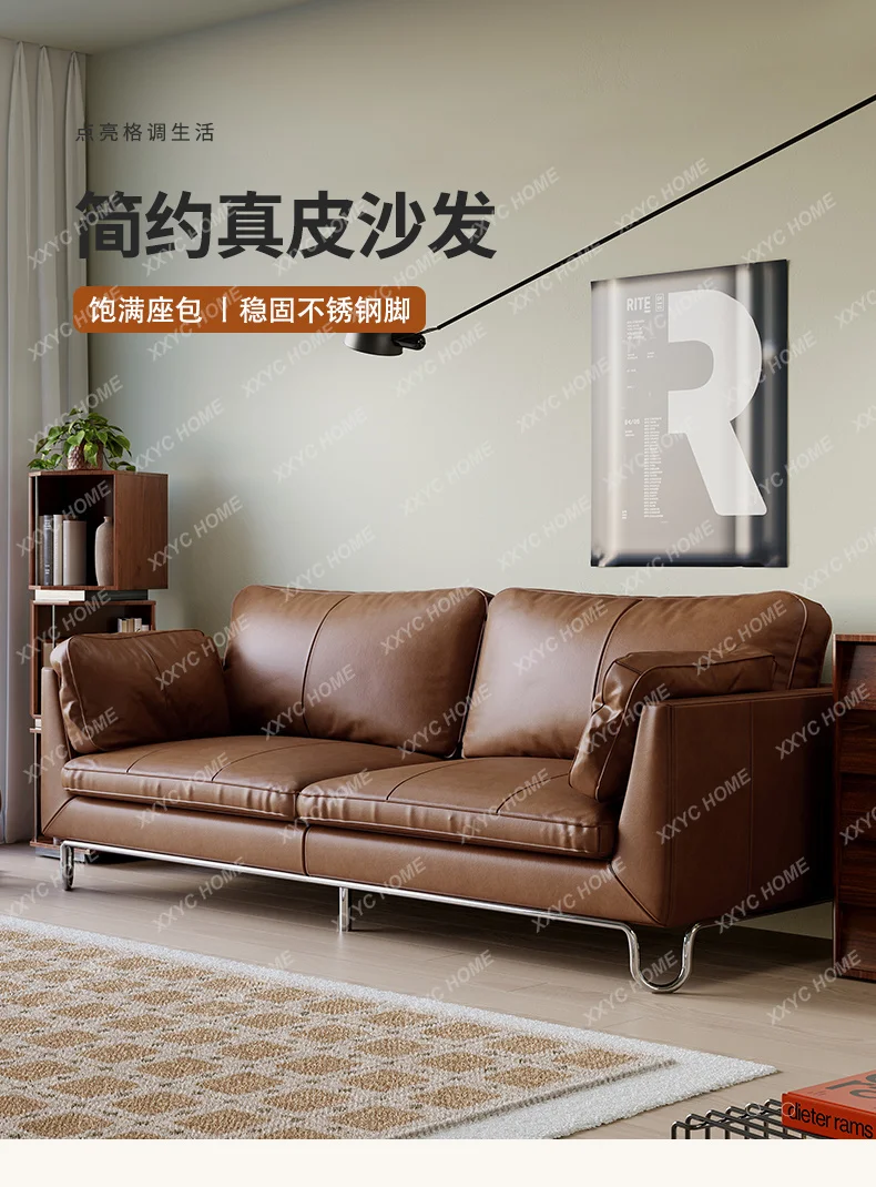 

Medieval style living room home retro straight row leather three-person sofa