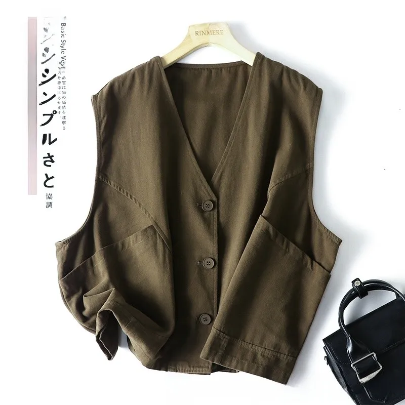 

Художественная свободная хлопковая рабочая одежда в стиле ретро, жилет, открытый кардиган, верхняя одежда для женщин, выход на пуговицах, V-Ne, обычная длина