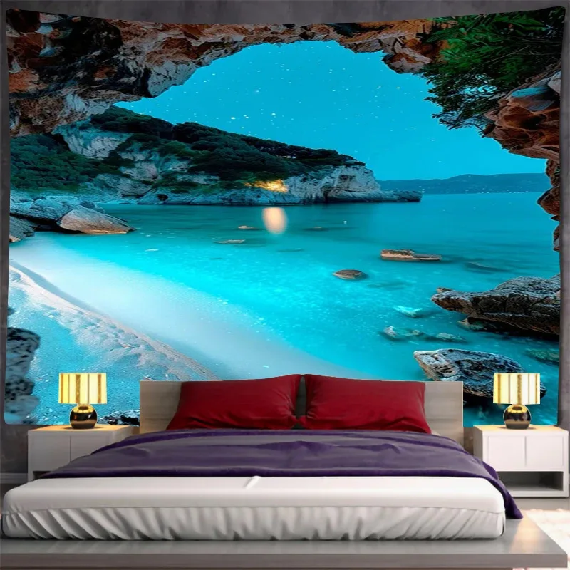 VIKAMA Seaside Cave Tapestry Waves and sunlight intertwine Psychedelic coastal decor Perfect for living rooms and bedrooms