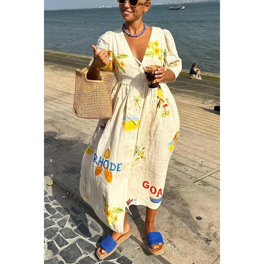 Frühling/Sommer Frauen neue bedruckte Knopf Split Bubble Sleeve V-Tie Kleid lose Urlaubs kleid
