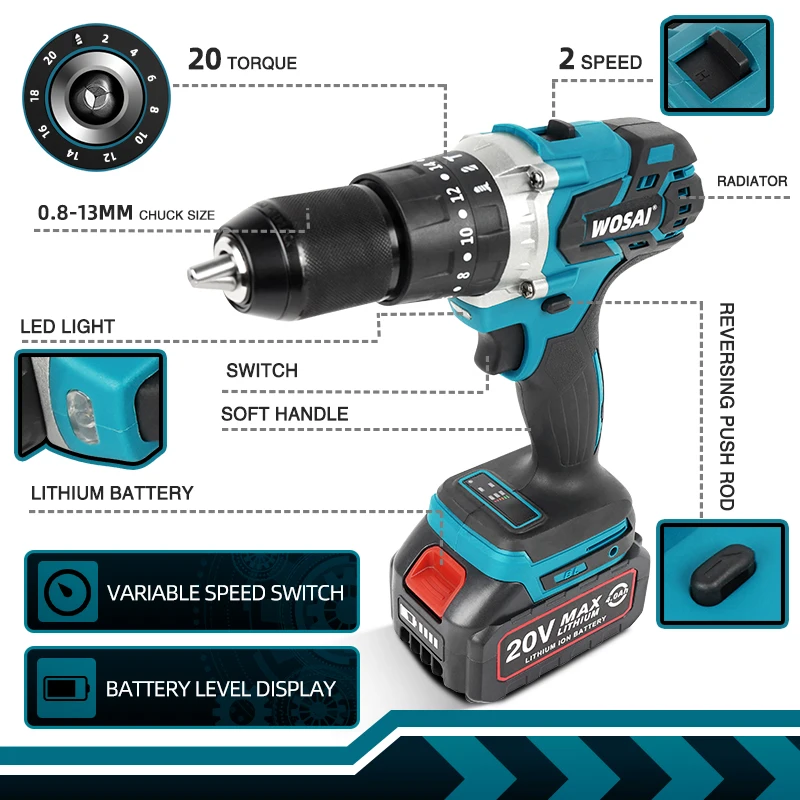 WOSAI MT-Series 115NM Brushless Electric Screwdriver Cordless Drill Impact Drill 20V Lithium-Ion Battery 28pcs Bit Accessories