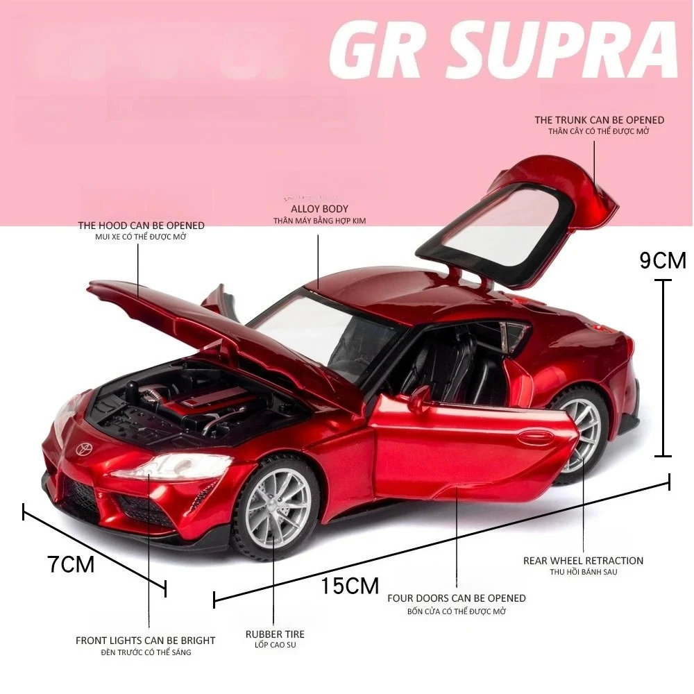 1:32 GR Supra Sport Car, precyzyjny model z odlewu metalowego, symulacja dźwięku i świateł, napęd na sprężynę, zabawka kolekcjonerska dla dzieci, prezent