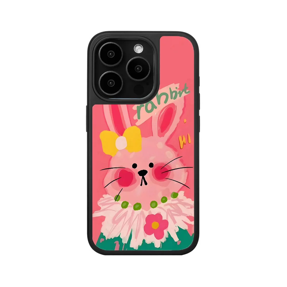 Cute Pink Oil Painting Rabbit Illustration Black Frame Protection Cute Case for IPhone 16 15 14 13 12 Pro Max Back Phone Cover