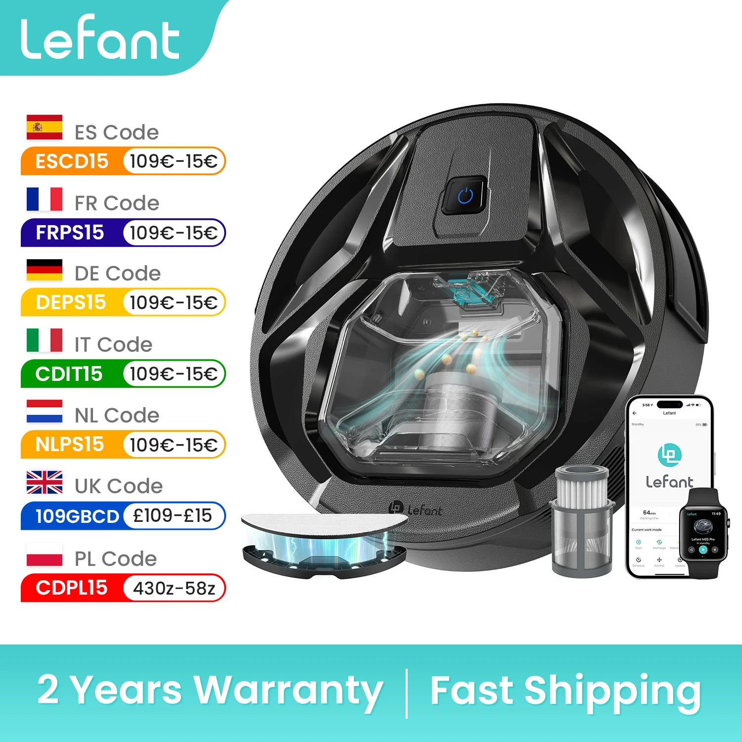 Lefant M320 cordless Robot Vacuum Cleaner and mop, 6000Pa ,210 Mins Runtime,Self-Charging,Ideal for Hard Floor, Pet Hair,Carpet