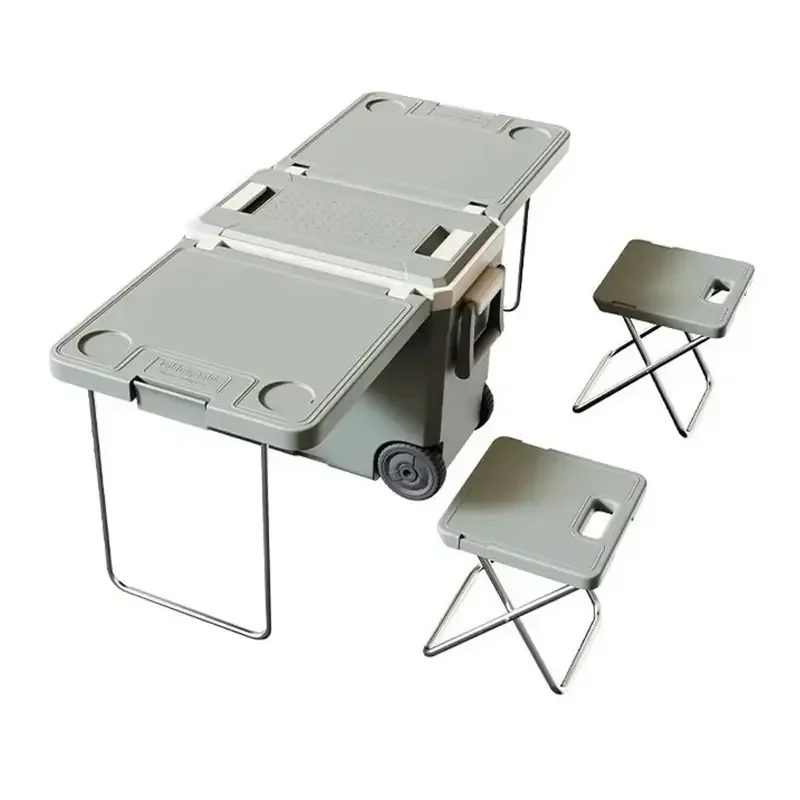 32L Portable Cooler Box with Folding Table and 2 Chairs Outdoor Camping Picnic Party Ice Chest Set for Beach BBQ Travel Gear