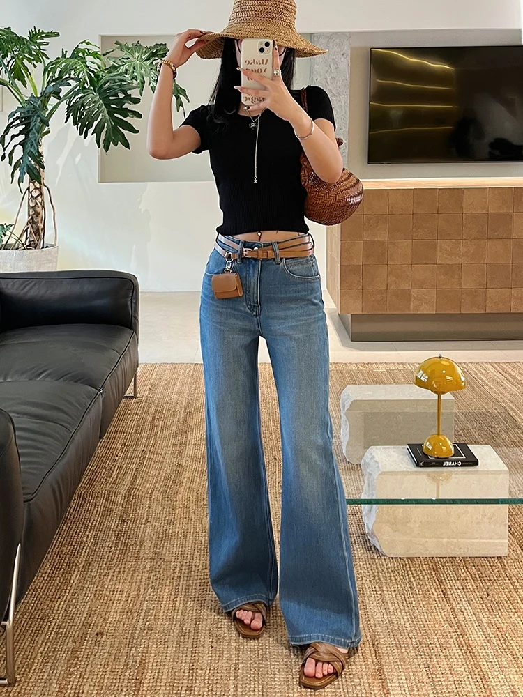 

High Waist Bell Bot Embroidered Denim Jeans Women's Straight Cut Blue Cotton Stretch Retro Waed Comfortable Spring Faion