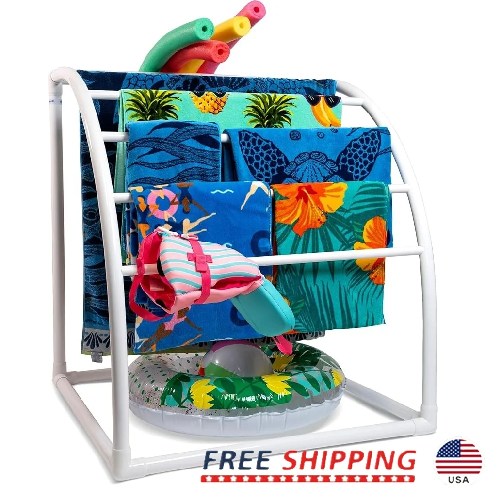

Freestanding Curved 7 Bar Towel Rack Outdoor Poolside Organizer Durable PVC Weather-Resistant Drying Stand Space-Saving U-Shape