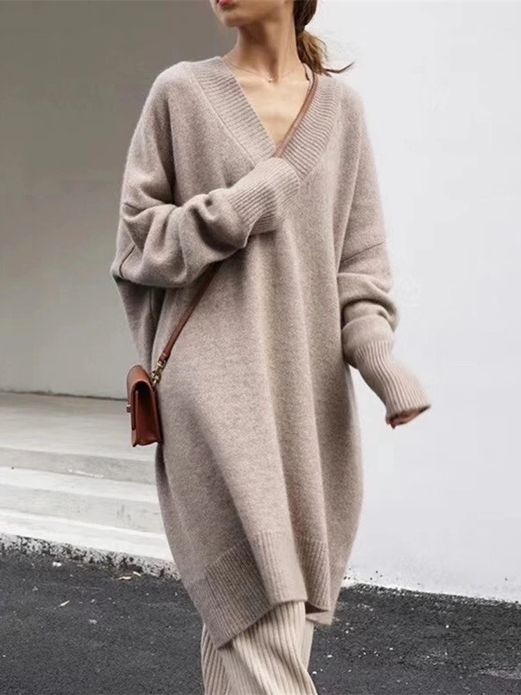 Women Dress Sweater Women Dresses Thick Winter Fall Long Sleeve Knitted Dresses Maxi Vintage Oversize Dresses Knitting V Neck