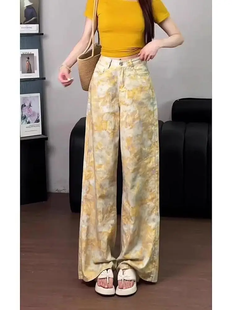 

Уникальные красивые желтые джинсы с цветочным принтом и высокой талией, прямые широкие длинные джинсы, женские осенние новые утягивающие джинсовые брюки