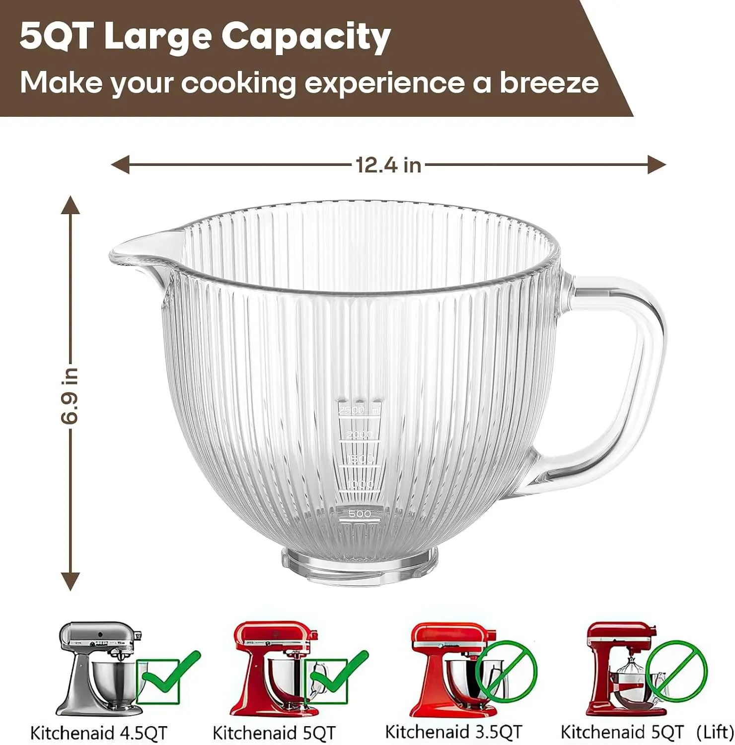 Clear Glass Mixer Bowl 5 Qt Replacement Handle Pour Spout Measurement Marks Fits 45 5 Qt Tilt Head Mixers