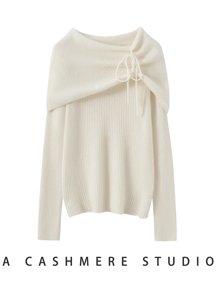 

CHICUU Women's 100% Cashmere Sweater Ruffled Collar Pullover Slash Neck Grace Style Cashmere Knitwear Autumn Winter Office Lady