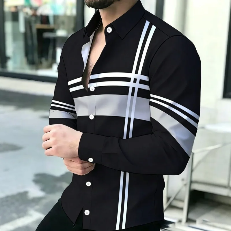 Men's Slim Fit Long Sleeve Shirt Contrast Stripe Geometric Line Print High Quality Business Casual Top